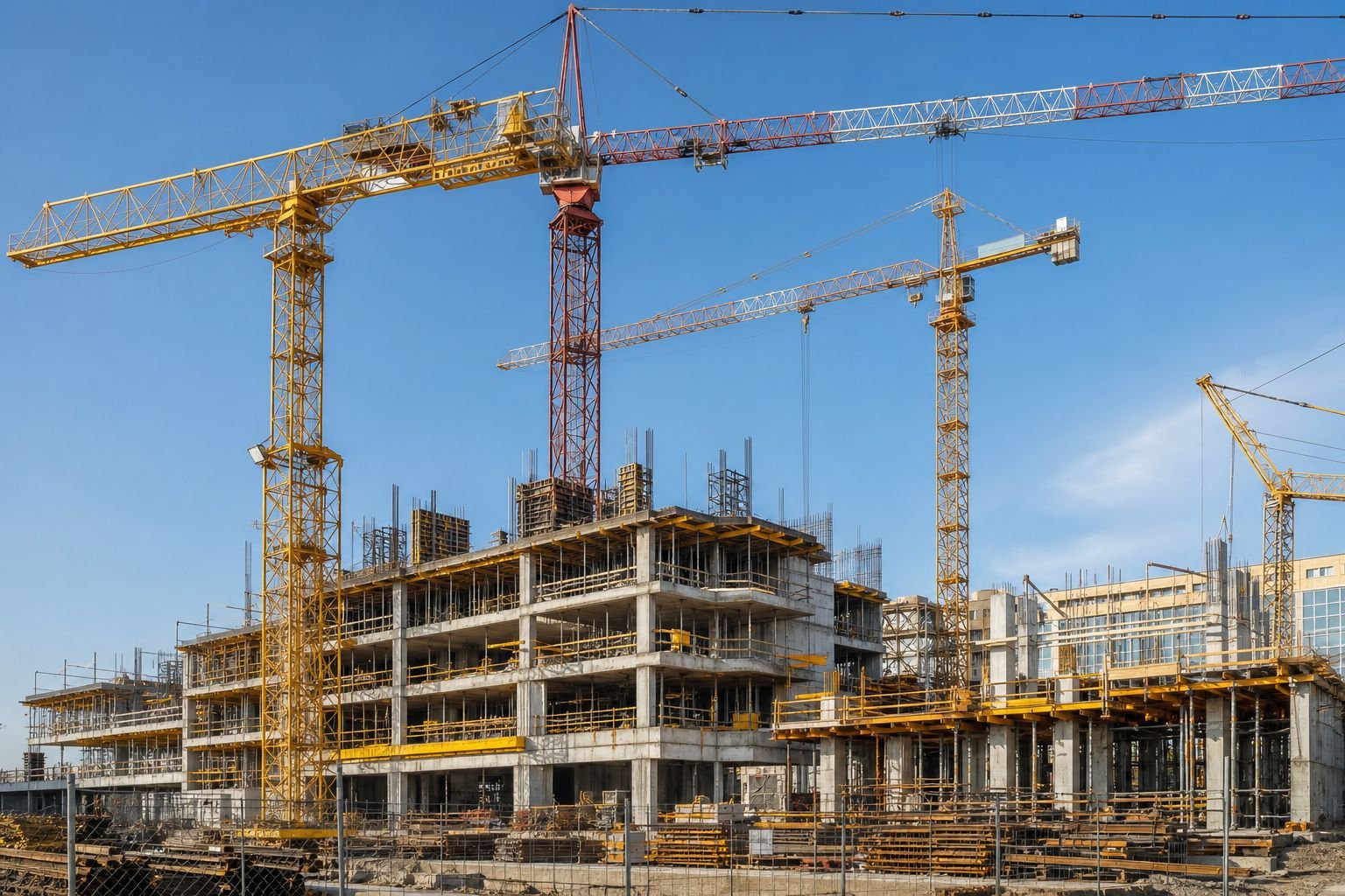 Construction cranes at dusk